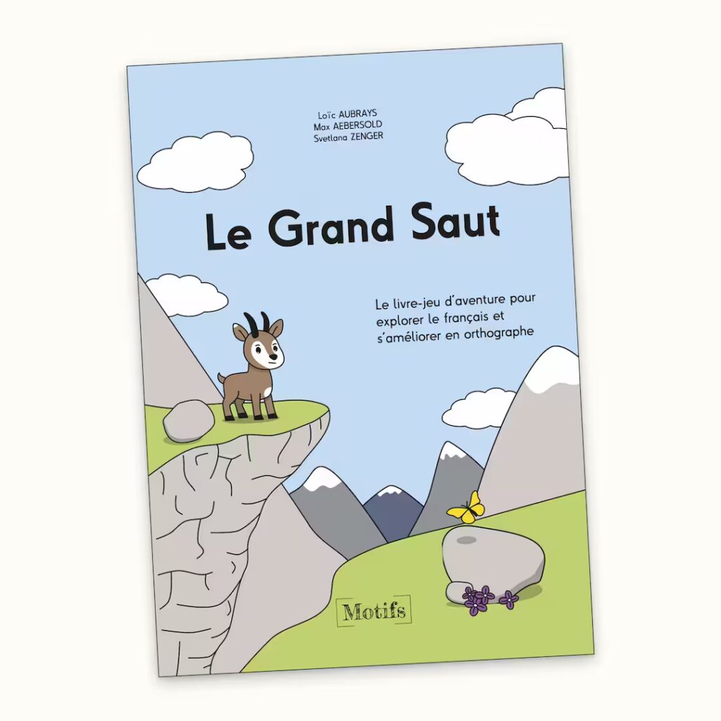 Couverture du livre "Le Grand Saut". Dessin d'un paysage de montagne avec un chamois sur une corniche