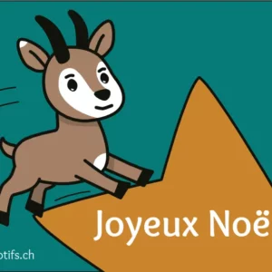 Chamois sautillant avec une étoile partiellement visible à l'arrière plan. Sur celle-ci, le texte "Joyeux Noël !"