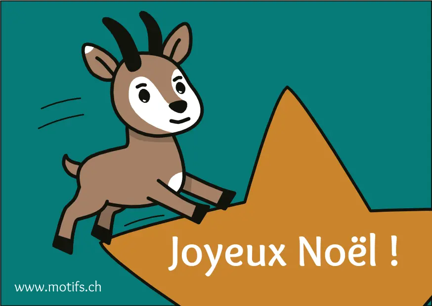 Chamois sautillant avec une étoile partiellement visible à l'arrière plan. Sur celle-ci, le texte "Joyeux Noël !"