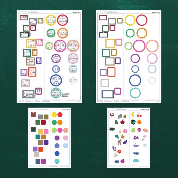 Ensemble des 4 affiches Phonocolor pour enseigner à lire et écrire : phonèmes, graphèmes, canevas des graphèmes, pictos