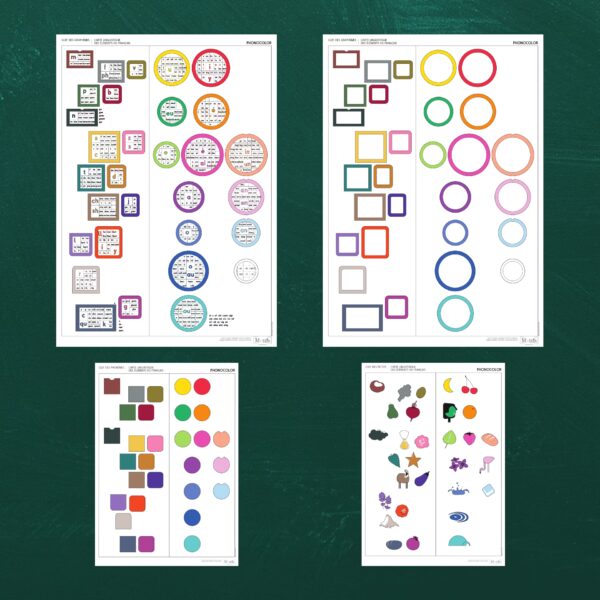 Ensemble des 4 affiches Phonocolor pour enseigner à lire et écrire : phonèmes, graphèmes, canevas des graphèmes, pictos . Sans légendes