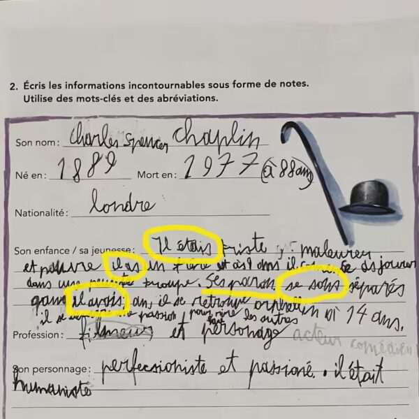 Extrait d'un cahier d'élève sur la thématique de Charlie Chaplin. Plusieurs erreurs de conjugaison par les élèves ont été entourées : "il étais", "il as", "ils se sons séparés", "il avais"