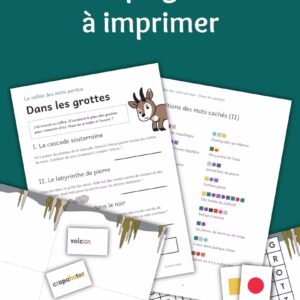 Escape game à imprimer "Dans les grottes" avec des cartes et des feuilles avec des puzzles à résoudre et un mot caché