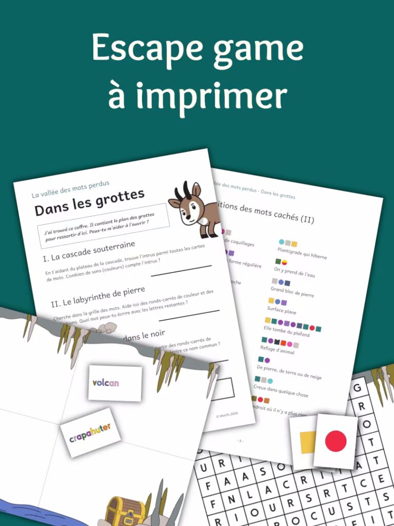 Escape game à imprimer "Dans les grottes" avec des cartes et des feuilles avec des puzzles à résoudre et un mot caché