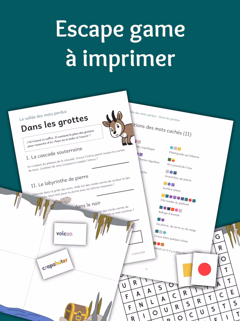 Escape game à imprimer "Dans les grottes" avec des cartes et des feuilles avec des puzzles à résoudre et un mot caché